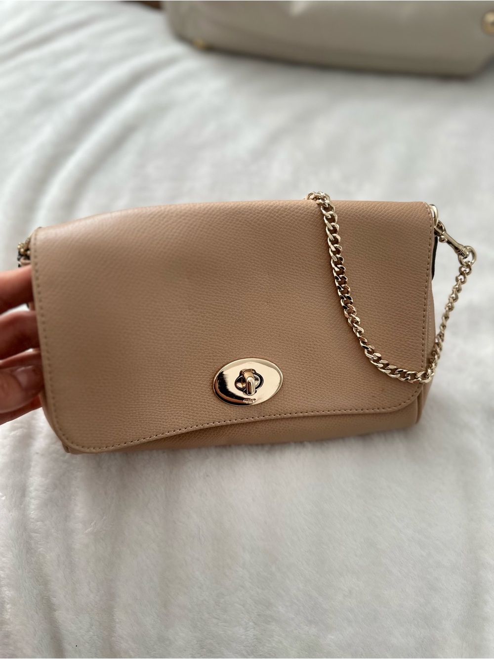 Classic Beige Leather Crossbody Bag with Gold Chain